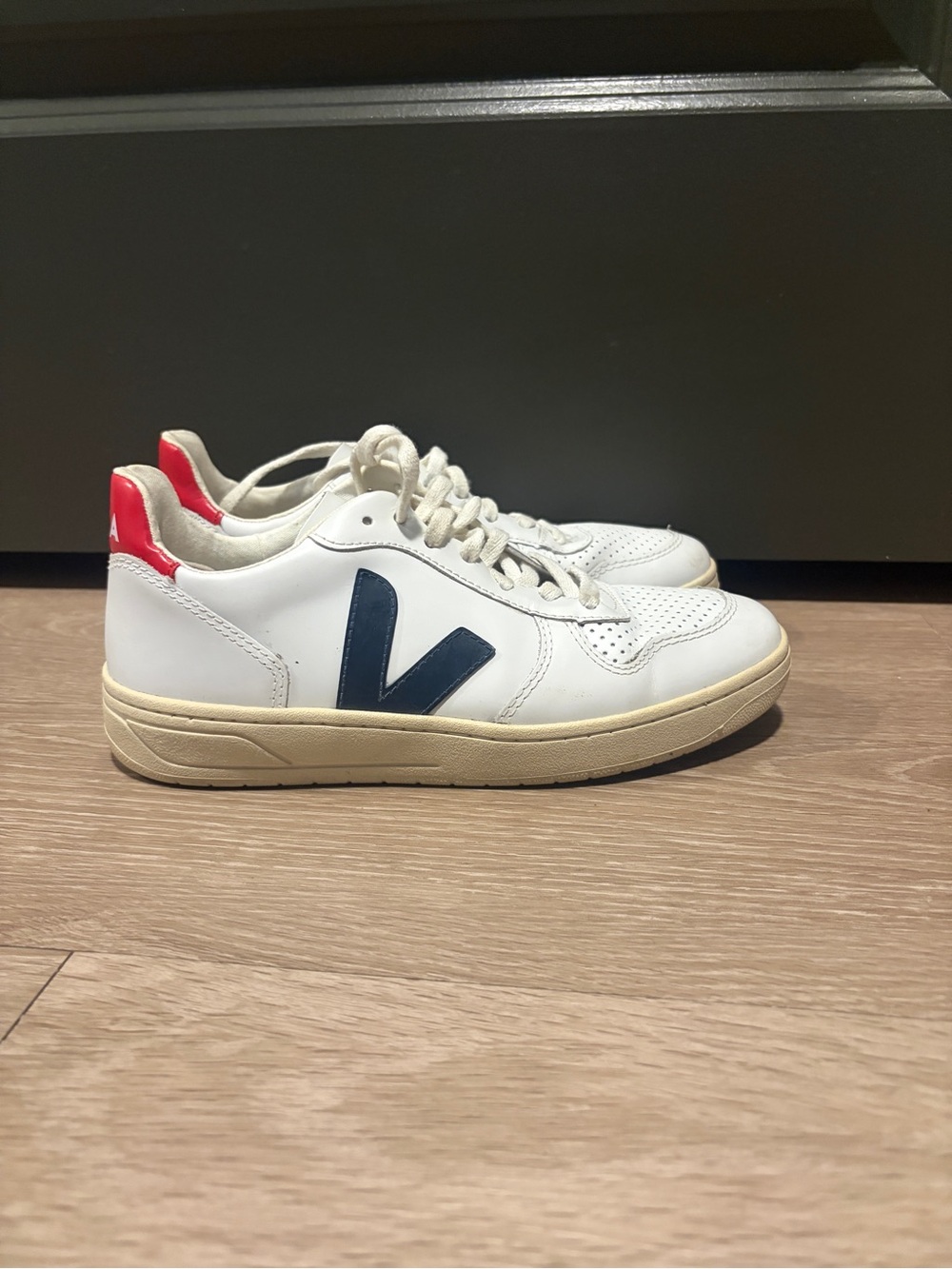 Veja White Sneakers with Navy V and Red Heel Tab